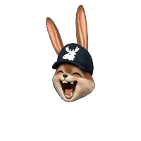 a cartoon rabbit wearing a blue hat with an elk on it