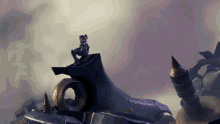 a video game character is sitting on top of a large purple object