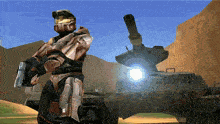 a video game character standing next to a tank