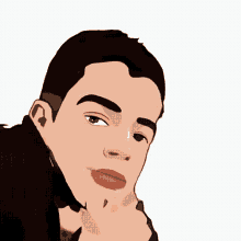 a cartoon drawing of a young man with his hand on his chin