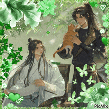 a picture of a man holding a cat with flowers and butterflies around them