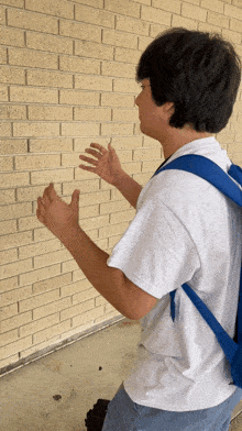 a young man with a blue backpack stands in front of a brick wall