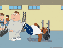 a cartoon of peter griffin standing next to a man lifting weights in a gym