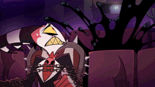 a cartoon character is chained to a chair with a clock on the wall behind him