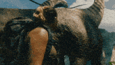 a woman with a backpack is standing next to a dinosaur