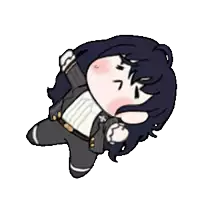 a cartoon character with long black hair and a suit is laying on the ground .