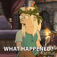 a cartoon of a girl with a wreath on her head and the words what happened on the bottom
