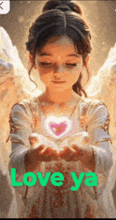a little girl with wings is holding a heart in her hands with the words love ya written below her