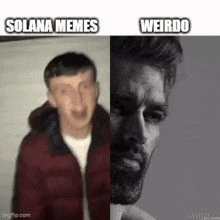 a man in a red jacket and a man with a beard are standing next to each other in a meme .