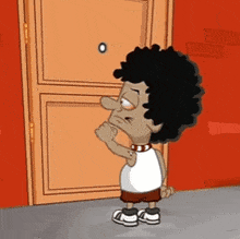 a cartoon character is standing in front of a door with the letter o on it