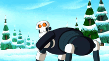 a cartoon drawing of a robot with a skull on its back