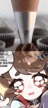 a close up of a piping bag with chocolate frosting on a cupcake with a cartoon girl in the background