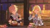 a couple of anime characters sitting at a table with morpheix in the corner
