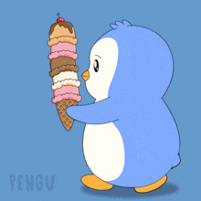 a penguin is holding an ice cream cone with a cherry on top of it