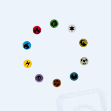 a circle of colored circles with various symbols in them