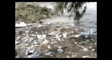 a painting of a river with a lot of trash on the ground .