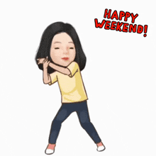 a cartoon of a woman doing a handstand and the words happy weekend that friday dance