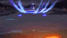 a cartoon character is surrounded by purple and blue light