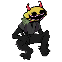 a cartoon drawing of a monster with a yellow face and red horns