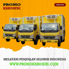 a row of yellow trucks are lined up in a row with the words promo karoseri on the bottom