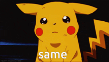 a cartoon pikachu is crying with the words same written below him