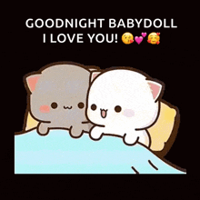 a cartoon of two cats laying next to each other with the words " goodnight babydoll i love you "