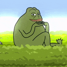 a cartoon frog is sitting in the grass and eating a piece of food
