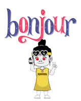 a cartoon girl holding a bottle with the word bonjour on it