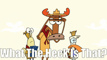 a group of cartoon characters standing next to each other with the words what the heck is that below them