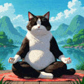 a black and white cat sitting in a lotus position