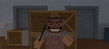a man in a blue shirt is holding a pencil in front of a door