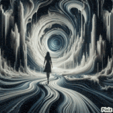 a painting of a woman walking through a swirling tunnel with pixiz written on the bottom