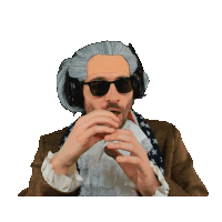a man in a wig and sunglasses is eating a sandwich