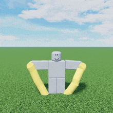 a roblox character with a smile on his face is standing in the grass
