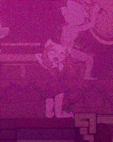 a cartoon character is sitting on a couch in a room with a pink background .