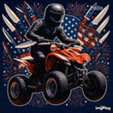 a man wearing a helmet is riding a four wheeler with fireworks and knives in the background