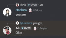a screenshot of a text message between ali and okie