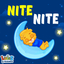an advertisement for lucas and friends shows a bear sleeping on the moon