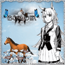 a picture of a girl standing next to a horse with the words bom dia in the background