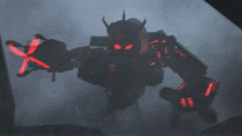 a robot with red eyes and horns is standing in the fog