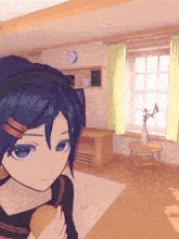 a girl with blue hair is standing in a living room with a clock on the wall