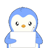 a blue penguin is holding a tablet with a drawing of two people on it