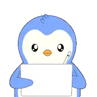a blue penguin is holding a tablet with a drawing of two people on it