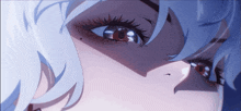 a close up of a woman 's face with red eyes and white hair