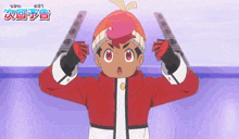 a boy in a red jacket is holding a pair of scissors ..