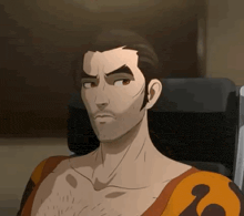 a man without a shirt is sitting in a chair and looking at the camera .