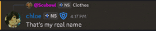 a screenshot of a conversation between chloe and scubowl ns clothes