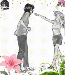 a black and white drawing of a man and a woman dancing with the words miss u mar in the corner