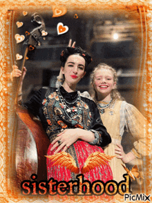 a picture of a woman playing a double bass and a little girl with the words sisterhood written on the bottom