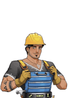 a man wearing a hard hat is holding a tool box